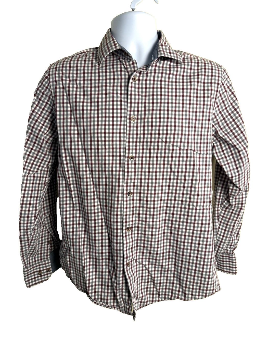 James Tattersall London shirt medium 15.5 burgundy gray grid plaid Preppy